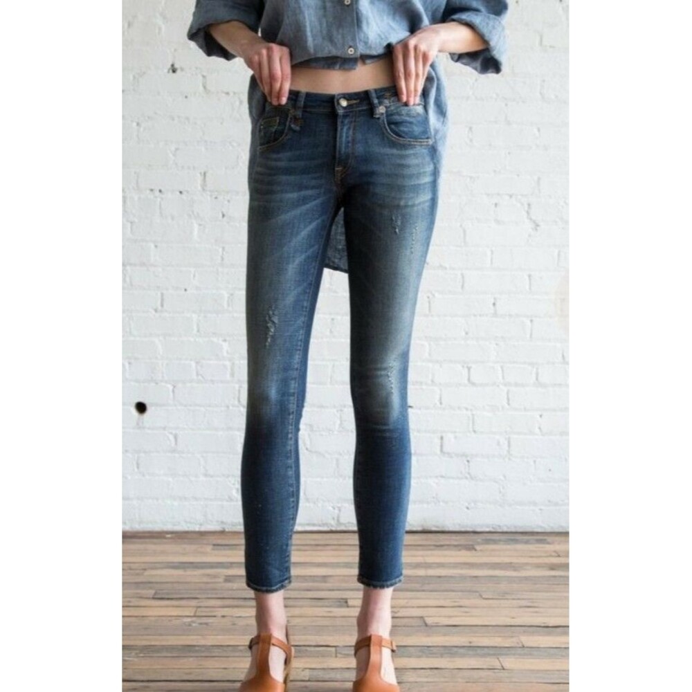 R13 Alison Crop Distressed Jeans in Blue Orion Sz 25 Distressed Splatter (ZZ